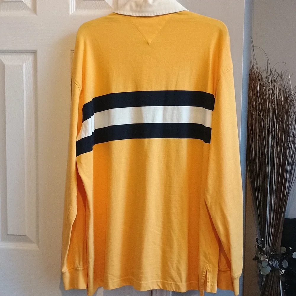 Tommy Hilfiger Men's Long Sleeve‎ Rugby Shirt Yellow Navy White Stripe XL - Picture 2 of 9